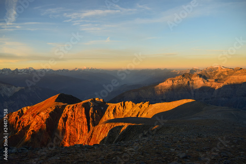 Sunrise on the 3000m high Torrenthorn near Leukerbad, with view of the swiss alps, Switzerland/Europe