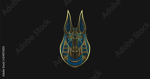 Gods of Ancient Egypt. Anubis Jackal-Headed god of funerals and death. Colorful digital lineart. Ancient logotype. Abstract hieroglyph. Egyptian poster.