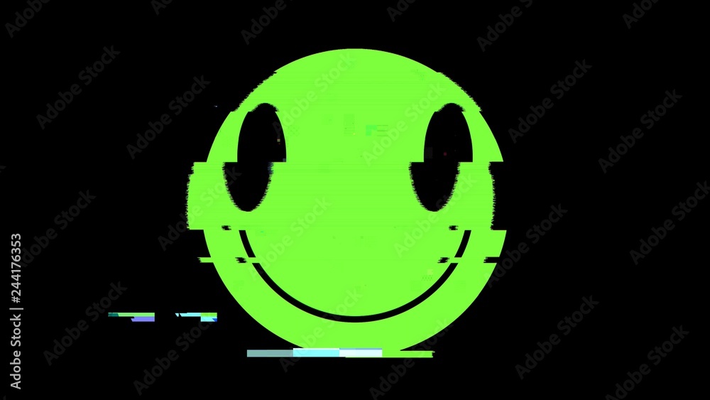A smiley icon representing a funny green alien face, but with a heavy  digital distortion glitch effect. Disquieting, unsettling symbol. Regular  size. Stock Illustration | Adobe Stock
