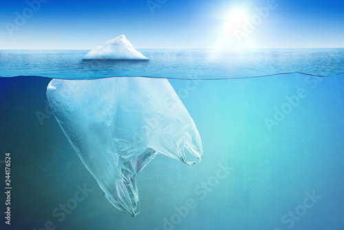 Huge plastic bag floating in the open sea as an iceberg