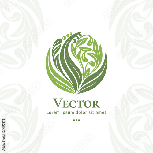Green organic leaf emblem. Elegant, classic vector. Can be used for jewelry, beauty and fashion industry. Great for logo, monogram, invitation, flyer, menu, brochure, background, or any desired idea.