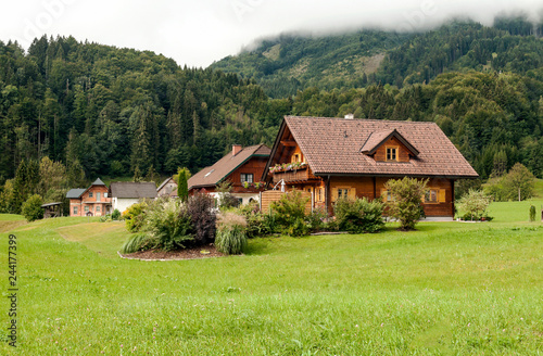 Rural village in the Austrian Alps on a cloudy day