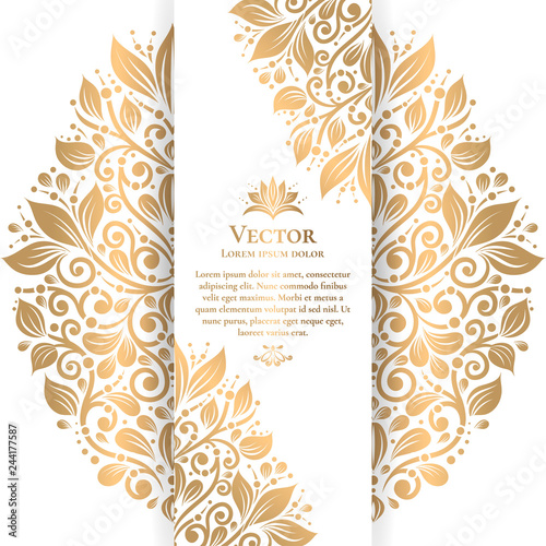 Gold and white vintage greeting card. Luxury vector ornament template. Great for invitation, flyer, menu, brochure, postcard, background, wallpaper, decoration, packaging or any desired idea. 