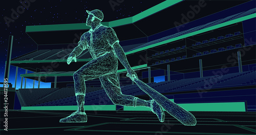 baseball player (batter) after hitting a ball in a stadium