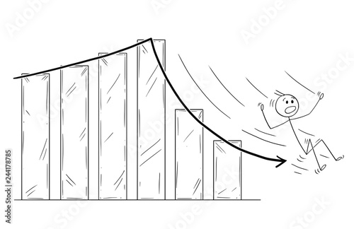 Cartoon stick drawing conceptual illustration of businessman slipping or sliding down the falling financial or business chart arrow.