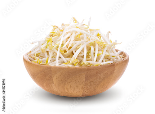 Bean sprouts in wood bowl isolated on white background