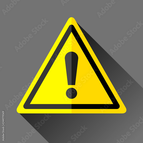 Danger sign icon in flat style on gray background, error emblem in yellow triangle, vector design illustration for you project  