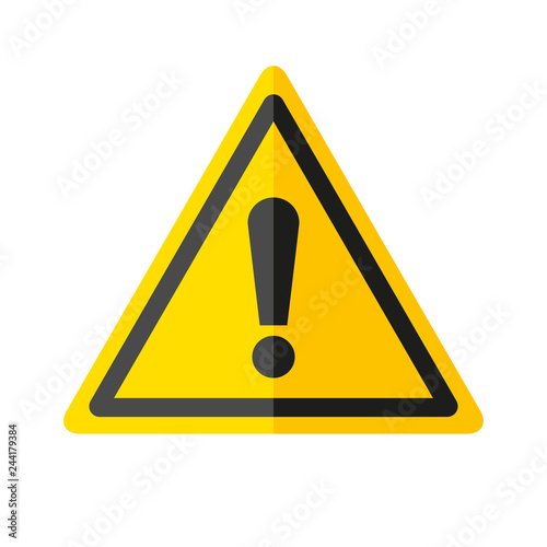 Danger sign icon in flat style on white background, attention emblem in yellow triangle, vector design illustration for you project