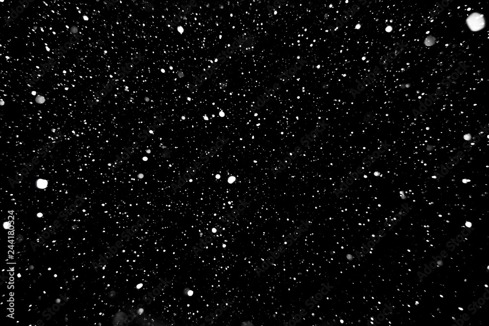 falling snow, snow on a black background, night snowfall, white spots on a black background