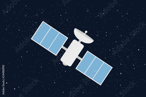 Satelitte in space - scientific and technologic device and equipment on orbit. Technology of cosmonautics, astonautics and aeronautics. Vector illustration