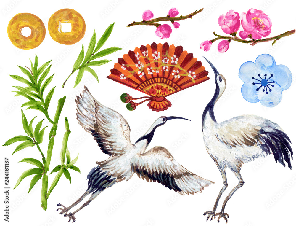 Fototapeta Watercolor Gouache Asian style and Chinese Japanese  new year elements hand paint