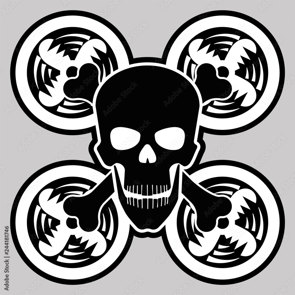 Fototapeta premium Drone and skull icon. Monochrome image of the technical device and part of the human body.