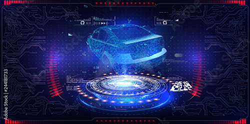 Futuristic car cockpit and touch screen. Autonomous car.  HUD(Head up display). GUI(Graphical User Interface) 