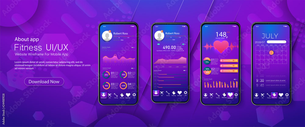 Different UI, UX, GUI screens fitness app and flat web icons for mobile apps, responsive website including. Web design and mobile template. Fitness Dashboard - stock vector