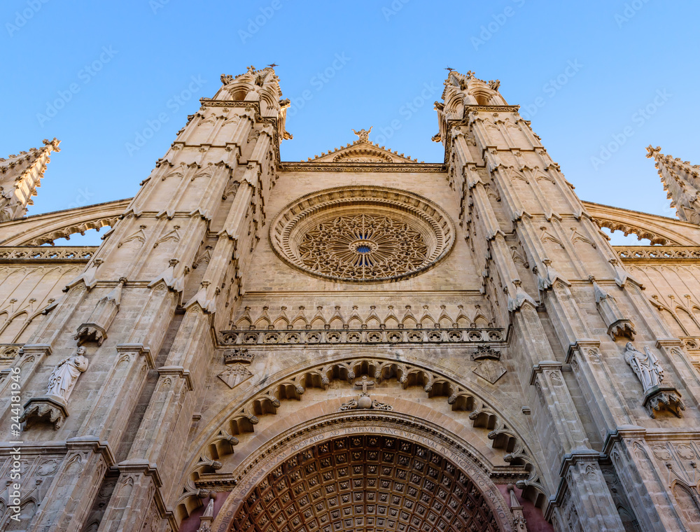 Sightseeing of Mallorca. La Seu, the gothic medieval cathedral of Palma de Mallorca, details of the facade and the main entrance, Mallorca island, Balearic Islands, Spain