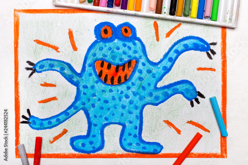 Colorful drawing: Cute blue monster with four hands ona orange eyes photo