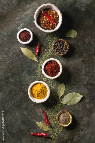 Spices seasoning and herbs variety in ceramic bowls. Different ground peppers, chili pepper, turmeric, bay leaf, cinnamon over dark metal background. Flat lay, space. Cooking concept