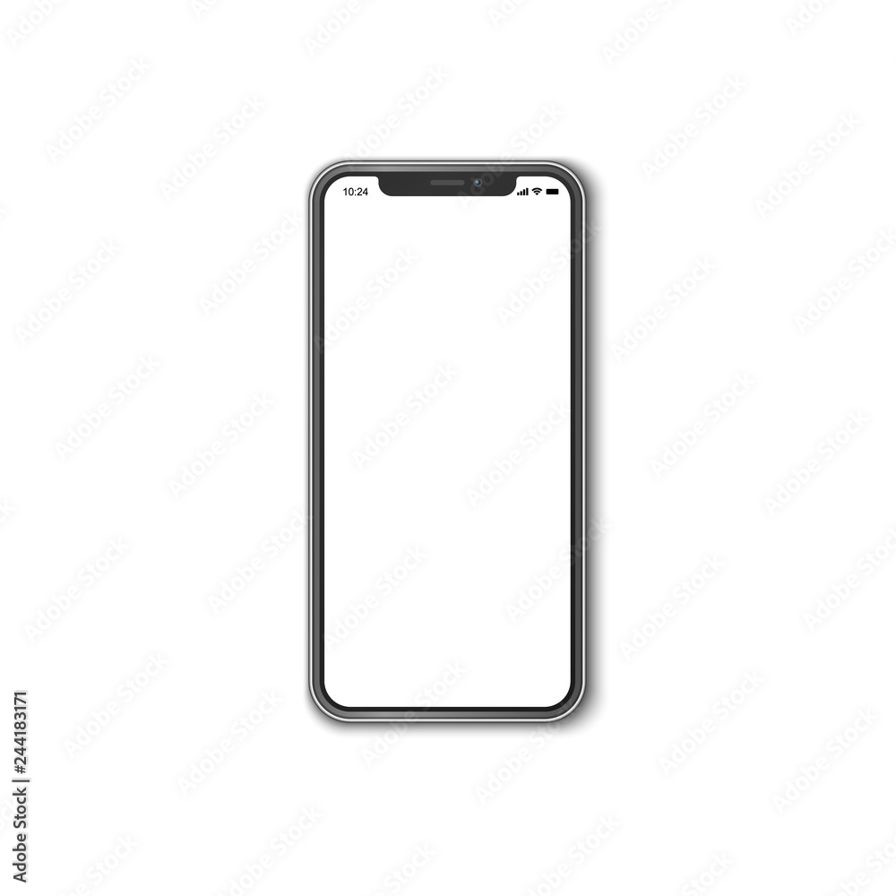 Beautiful realistic vector of a modern black colored smartphone on white  background with white screen template showing time, battery life, wifi and  a mobile signal. Векторный объект Stock | Adobe Stock