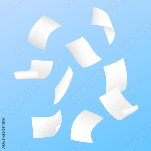 Beautiful simple vector of flying blank white papers on blue background.