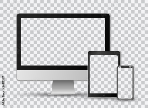 Beautiful realistic vector template set on transparent background of a modern black colored smartphone, a tablet and a computer screen with transparent screens.