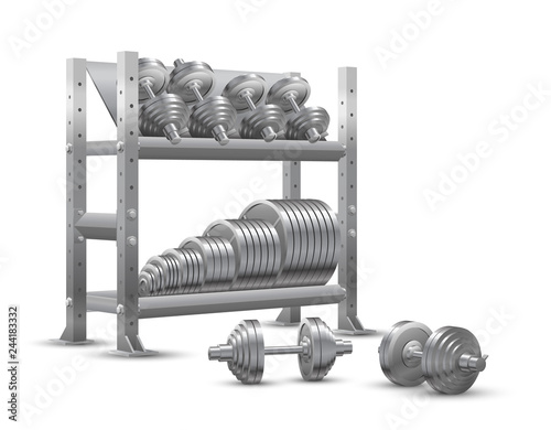 Beautiful realistic fitness vector perspective view on white background of a storage shelf full of steel weight barbell plates and of several steel loadable dumbbels. photo