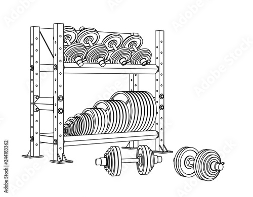 Outline fitness vector perspective view on white background of a storage shelf full of weight barbell plates and of several loadable dumbbels. photo