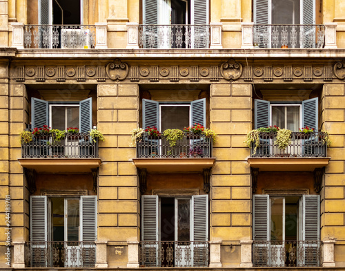 windows and balconies in a beautiful old building, flowers on the balcony railings