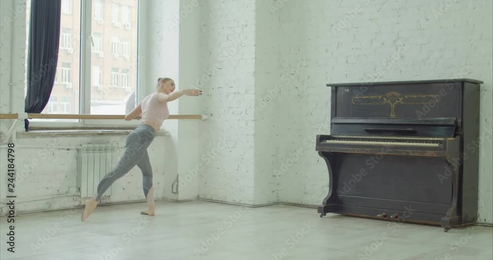 Graceful elegant ballerina performing demi rond exercise during rehearsal in ballet studio. Charming classic ballet dancer practicing elements of classic ballet in dance studio. Rear view.