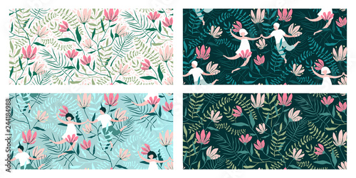 Seamless Patterns with Flowers and Lovers Couple