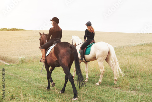 Two young pretty girls riding a horses on a field. They loves animals andhorseback riding © standret