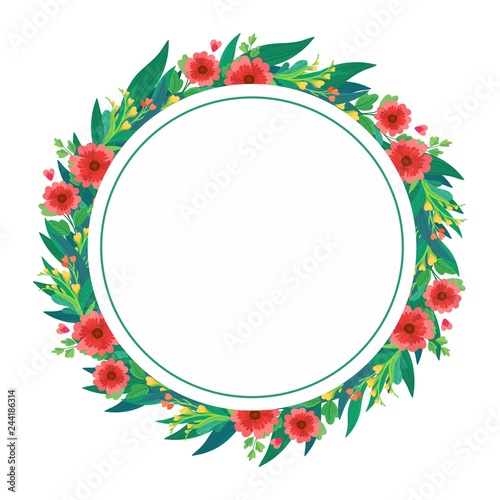 Round flower frame with bright flowers and leaves. Vector illustration for greeting cards, posters, invitations, art prints, wedding