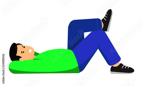 The man is resting. The guy lies on his back with his hands behind his head. 