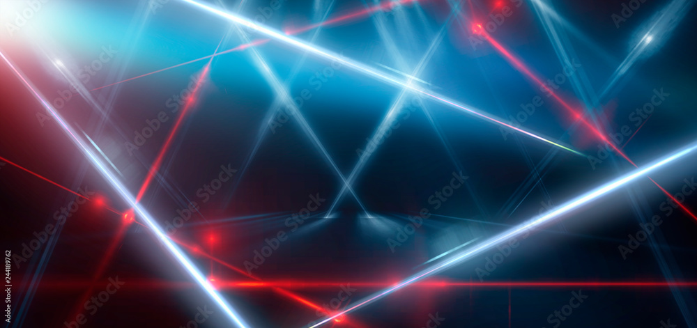 Abstract blue background with neon light, tunnel, corridor, red laser beams, smoke, rays, lines. Product showcase spotlight background. Clean photographer studio. Abstract blue background Abstract blue background with neon light, tunnel, corridor, red laser beams, smoke, rays, lines. Product showcase spotlight background. Clean photographer studio. Abstract blue background