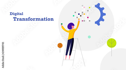 Digital transformation flat design background. Human fill in pixel data sticker to industrial gear train. Industry 4.0 and technology concept.