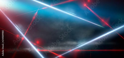 Dark street with smoke, smog, dust, laser beams of red. Abstract dark background of the night city, neon light.