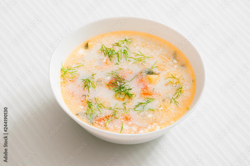 the white plate with fish soup