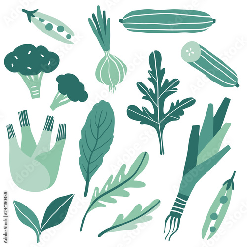 Set with hand drawn doodle green vegetables