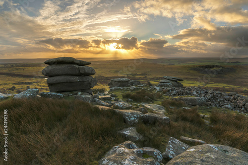 Sunset over Bodmin Moor, Cornwall, UK with beautiful cloudy sunny sky