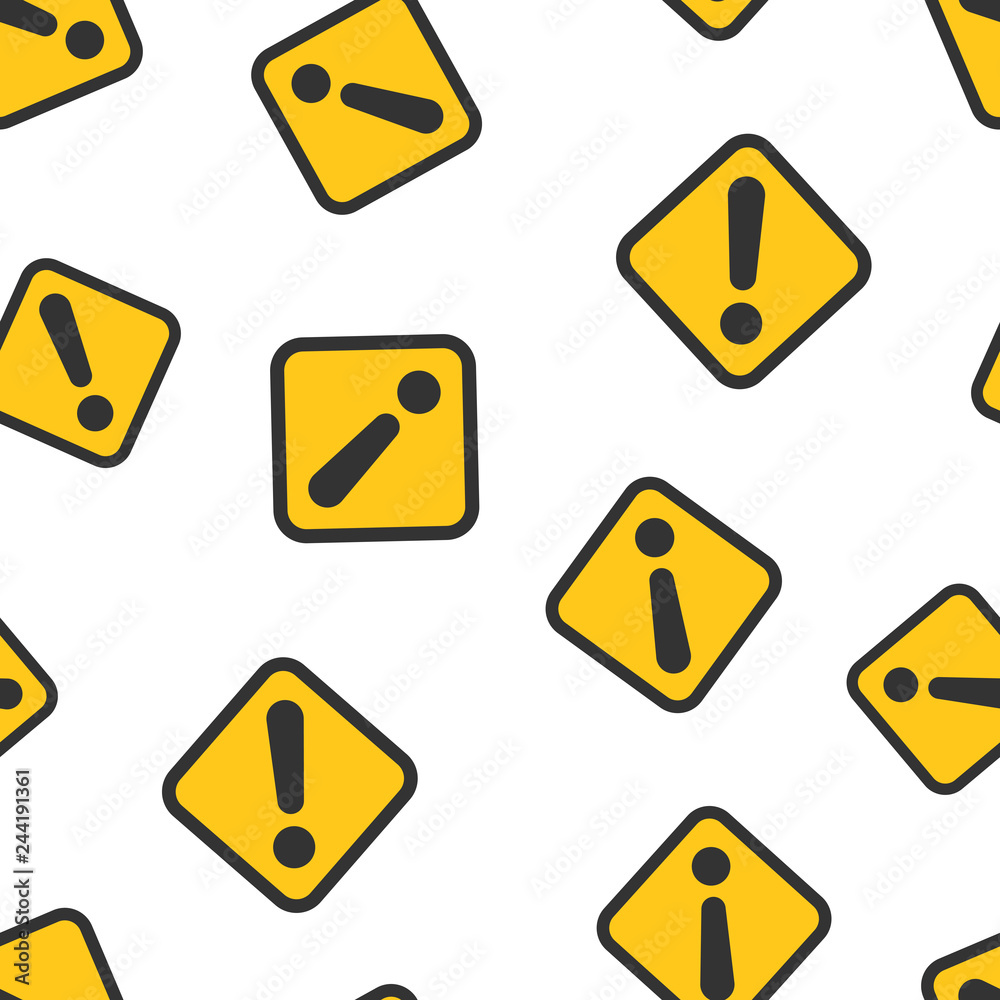 Exclamation mark icon seamless pattern background. Danger alarm vector illustration. Caution risk symbol pattern. Exclamation mark icon seamless pattern background. Danger alarm vector illustration. Caution risk symbol pattern.