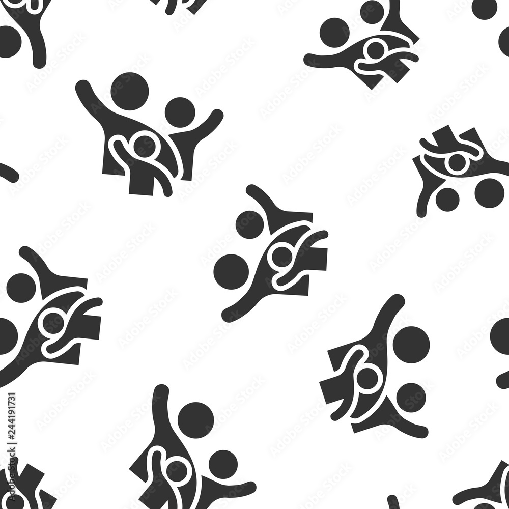 Fototapeta premium Family greeting with hand up icon seamless pattern background. Person gesture vector illustration. People leader symbol pattern.