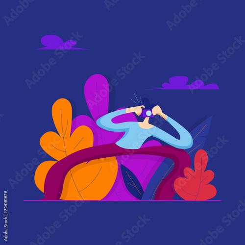 Photographer or paparazzi holds a camera in his hands and makes a photo. Vector illustration in flat style