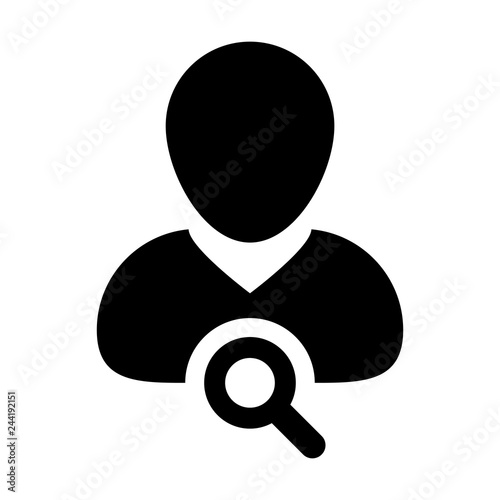 Find person icon vector male user profile avatar with magnifying glass symbol in flat color glyph pictogram illustration