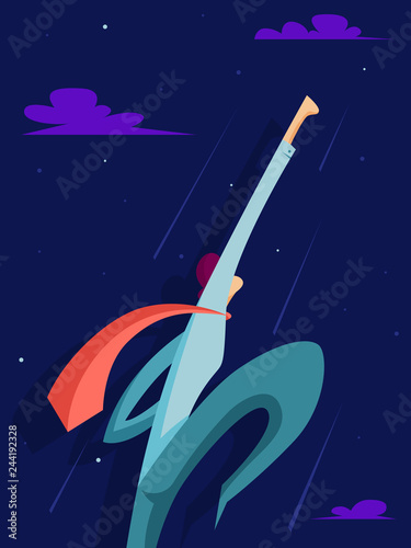 Businessman as a superhero moving up. Business concept. Vector illustration in flat style