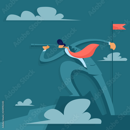 Businessman on top of a mountain looks into a telescope. Business success concept. Vector illustration in flat style