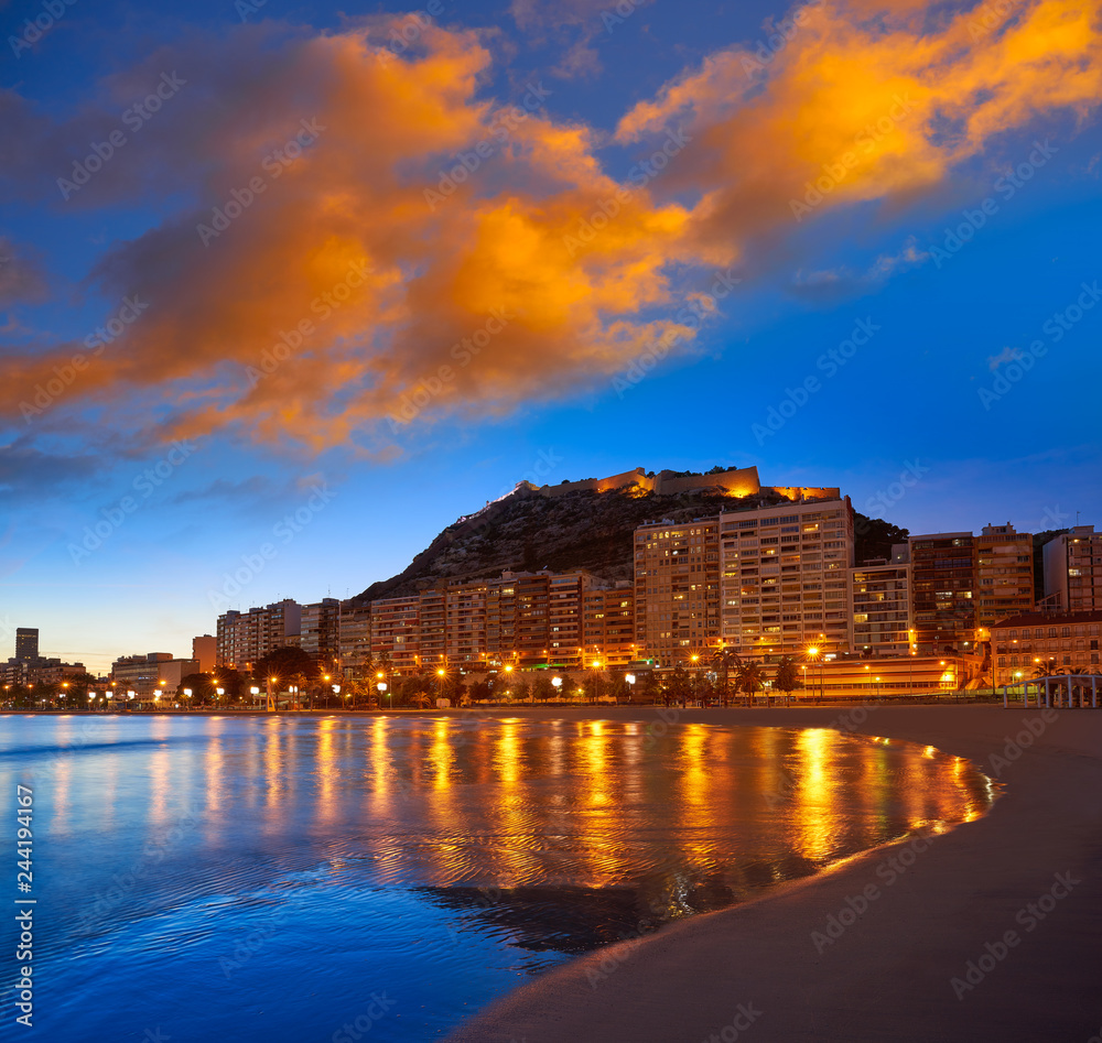 Alicante skyline at sunset from Postiguet