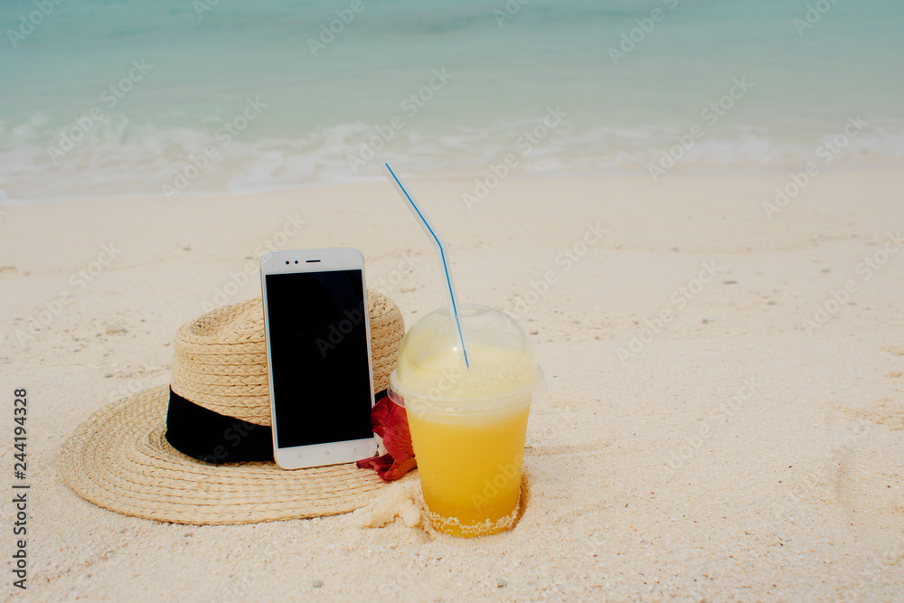 Remote work anywhere in the world, concept. Using the Internet and your smartphone even on a remote tropical island.