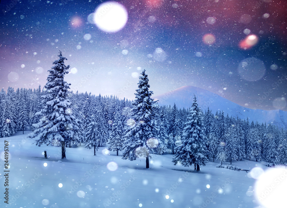 Starry sky in winter snowy night. Fantastic milky way in the New Year's Eve. Beautiful landscape and snow-covered pines on mountain slopes. Bokeh light effect, soft filter. Photo greeting card