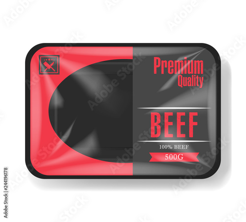 Beef meat packaging. Plastic tray container with cellophane cover. Mockup template for your design. Plastic food container. Vector illustration.