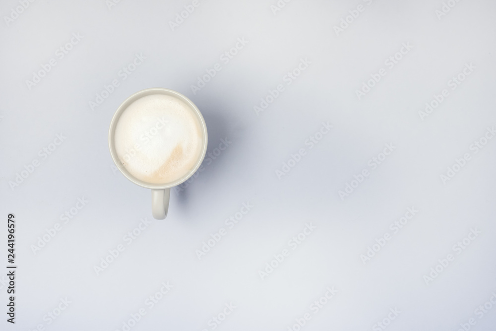 Cup of Cappuchino Top View Blue Background Tasty Coffee Copy Space
