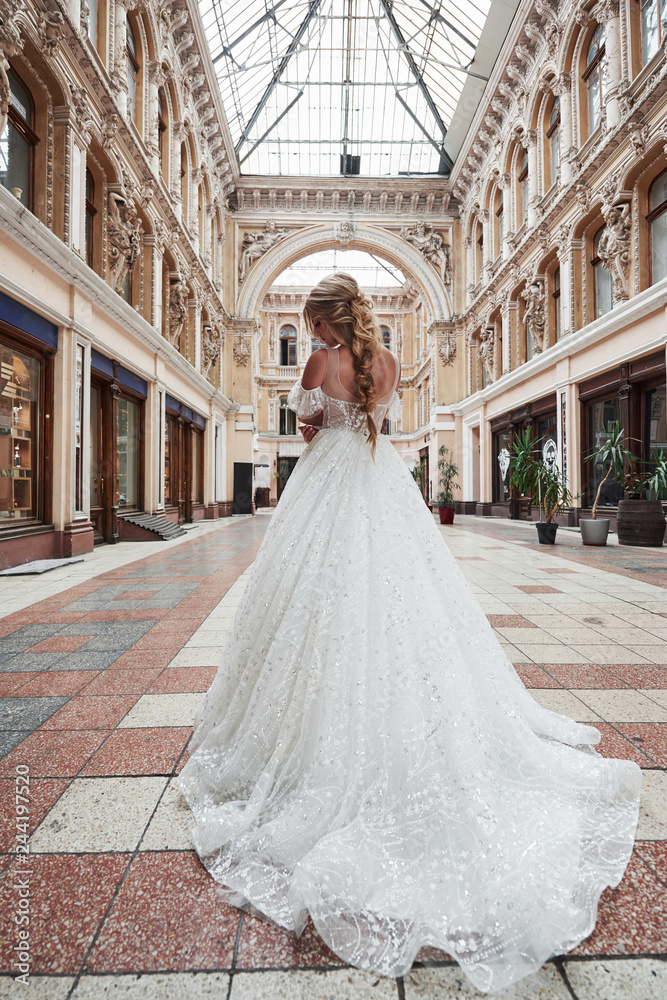 Beautiful, elegant bride with a perfect wedding dress, poses around beautiful architecture.
